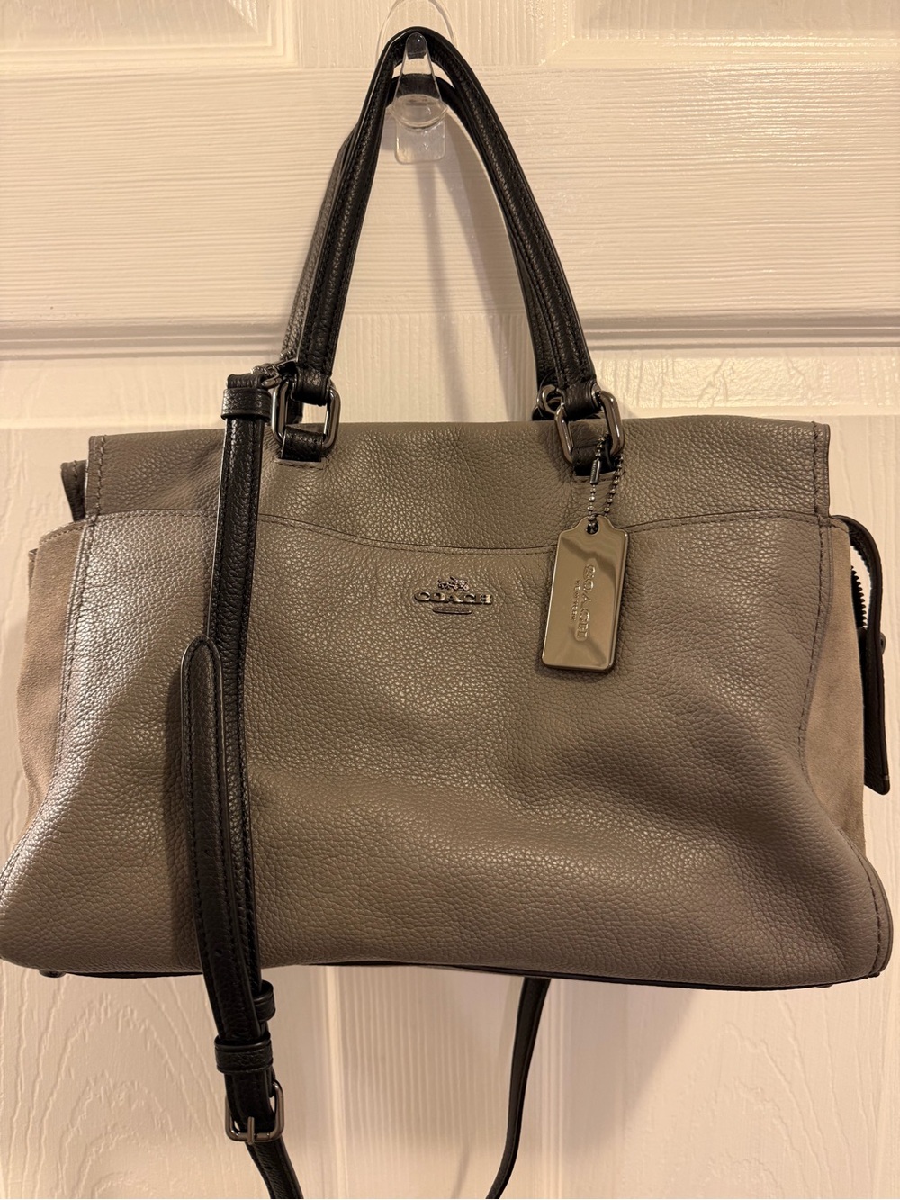 Coach Gray Leather Shoulder Bag with Black Straps